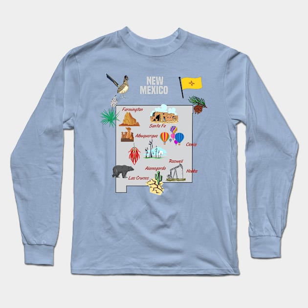 New Mexico state map with major cities, landmarks, Tourist Destinations, US Long Sleeve T-Shirt by Mashmosh